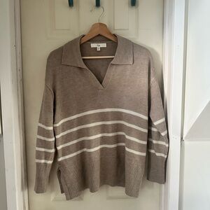 Ripe Taupe V-Neck Polo-Collar Sweater with White Stripes